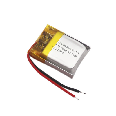 薄型 IoT バッテリー パック 充電式 カスタム 3.7 V 75mAh リポ バッテリー 651417